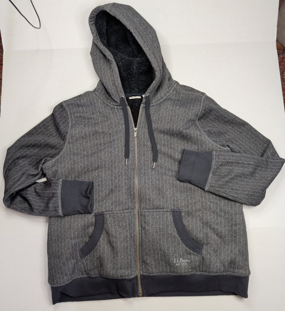 L.L Bean Charcoal Gray Herringbone Sherpa-lined Full Zip Hoodie Jacket XL 506085